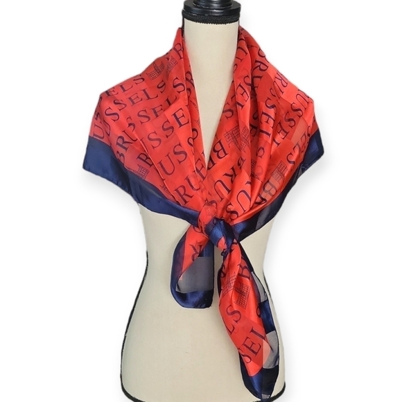Vintage 90s Red Blue Brussels Travel Scarf 39x39 - Picture 3 of 5